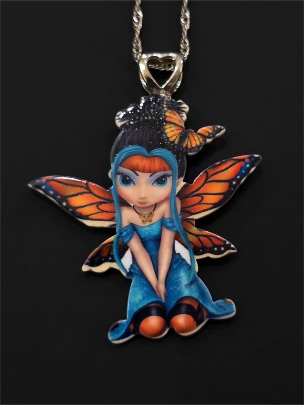 Hand Crafted ✦ Monarch Wing Fairy Girl Acrylic Pendant Necklace ✦ Silver Chain